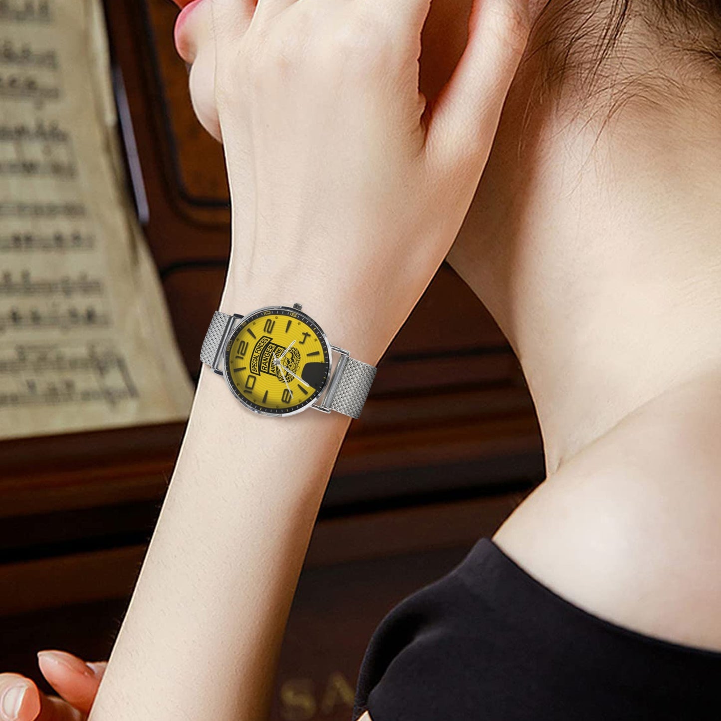 Yellow Black US Army Rangers Silver All Stainless Steel Miyota Quartz Movement Monogram Dress Watch Men's Steel Bracelet Watch Without Numbers Come With Name Or Name And Rank On Dial...