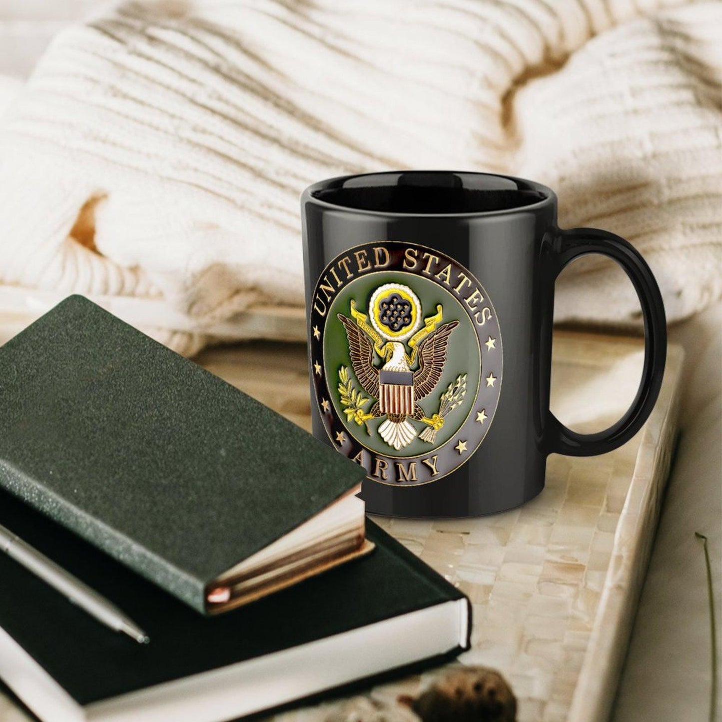 United States Army 3D Seal On Black Ceramic Coffee Mug Which Comes With Your Initials or Rank And Name At No Additional Charge...