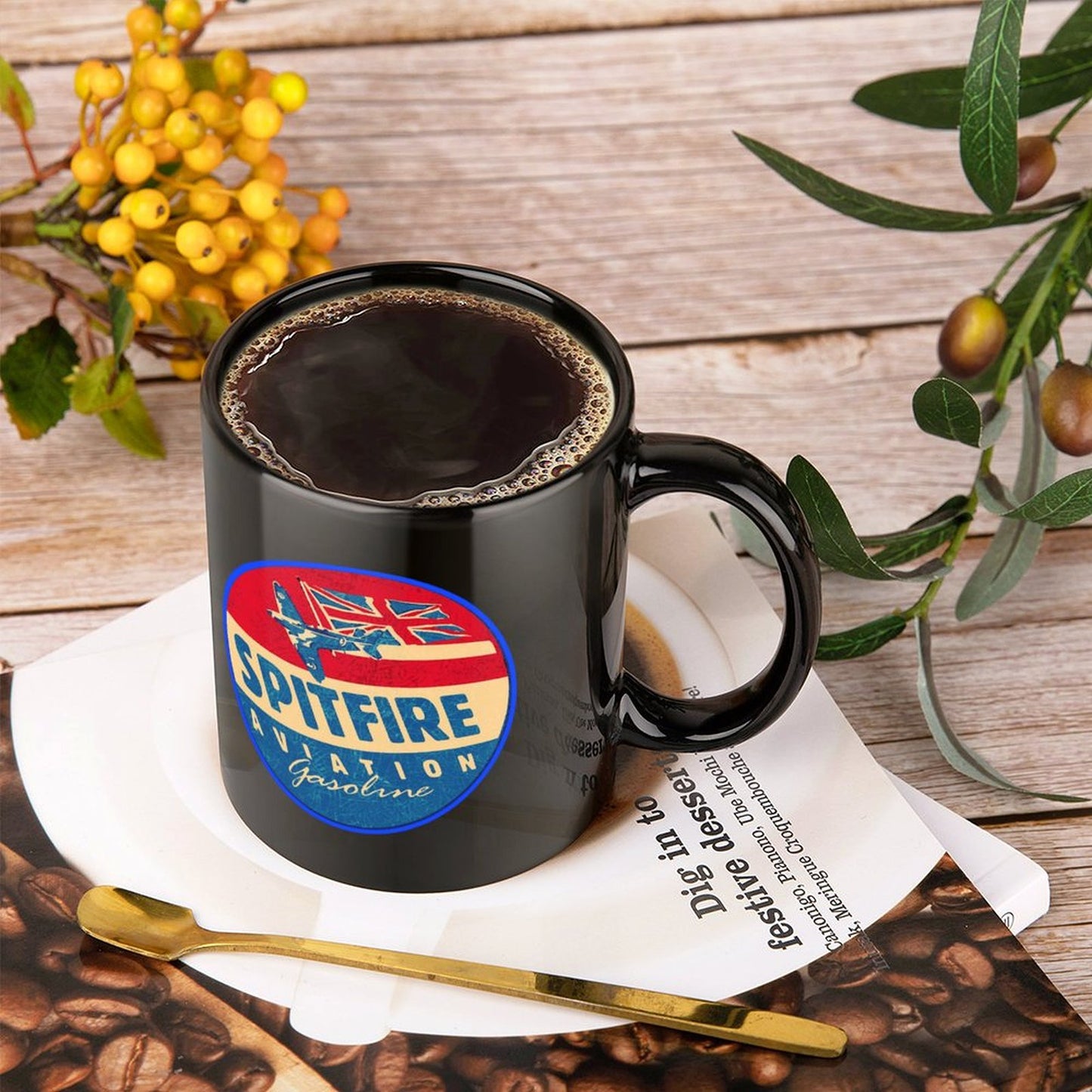 Spitfire Aviation Gasoline Black Ceramic Coffee Mug (Comes With Your Initials Or Rank And Name On Mug Free Of Charge!