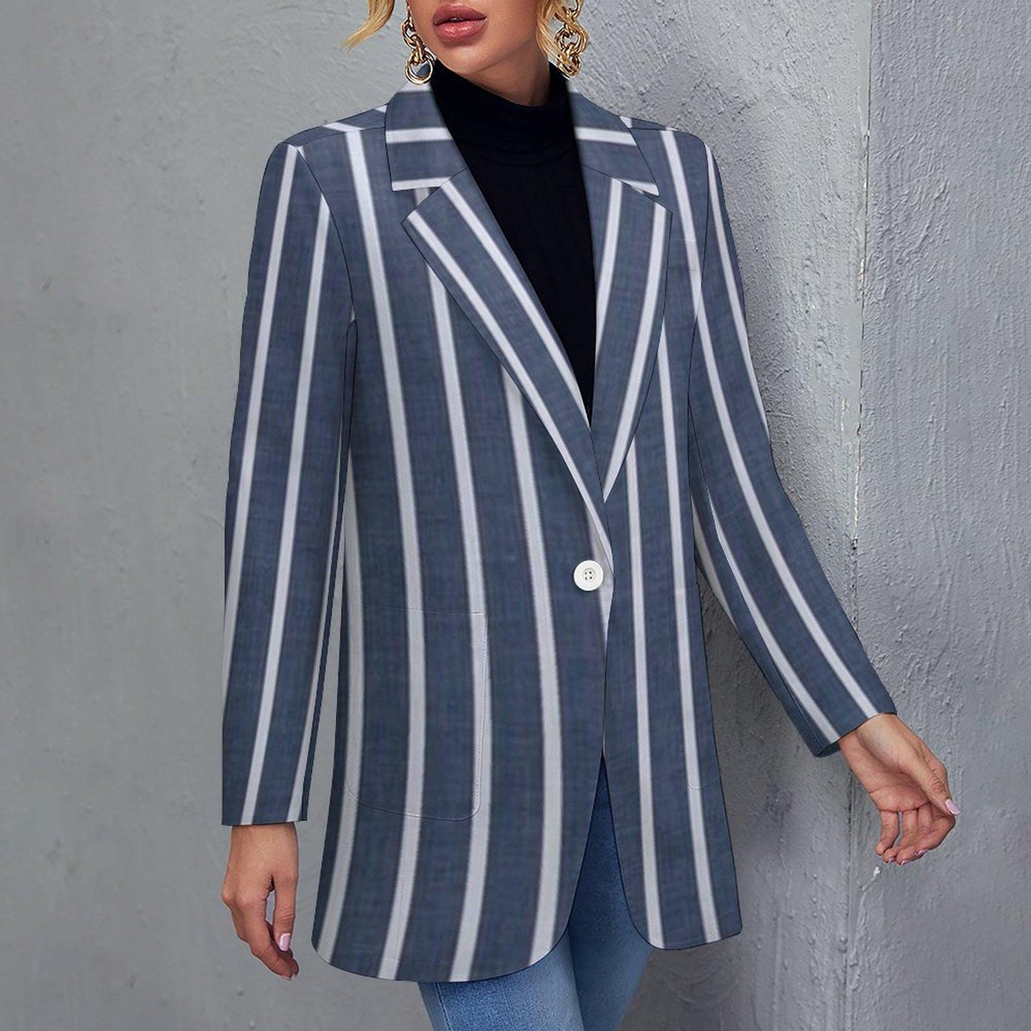 Women's Blue Light Silver White Pinstripe Summer Event Dinner Formal Casual Blazer