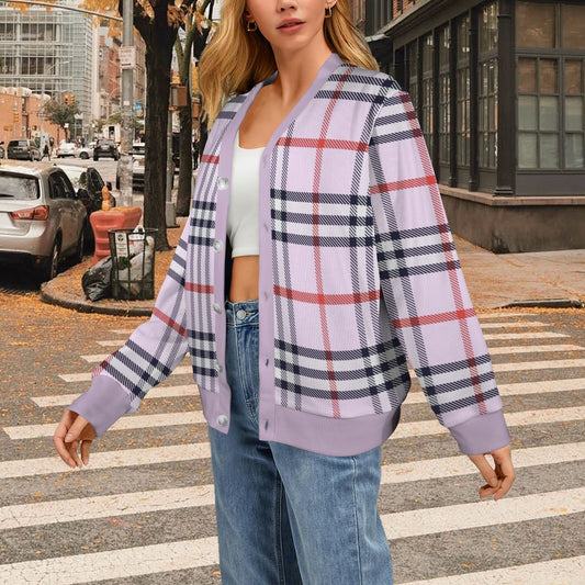 Women's Cardigan Burb Design Lightblue Red Black Plaid Fall Season Women's Ribbed Cardigan (Model H73)