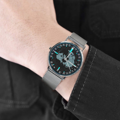 3D Aviator's Dial In Black Bright Tiel Blue Silver All Stainless Steel Monogram Dress Watch Men's Steel Bracelet Watch Without Numbers Come With Name Or Name And Rank On Dial...