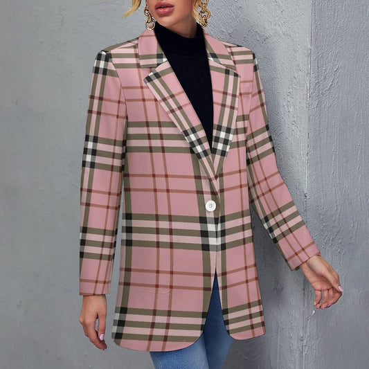 Women's Madison Ave Pink Black White & Red Plaid Fall Pattern Design Monogram Formal Casual Blazer Initials Can Be Put On Lapel For Free.......