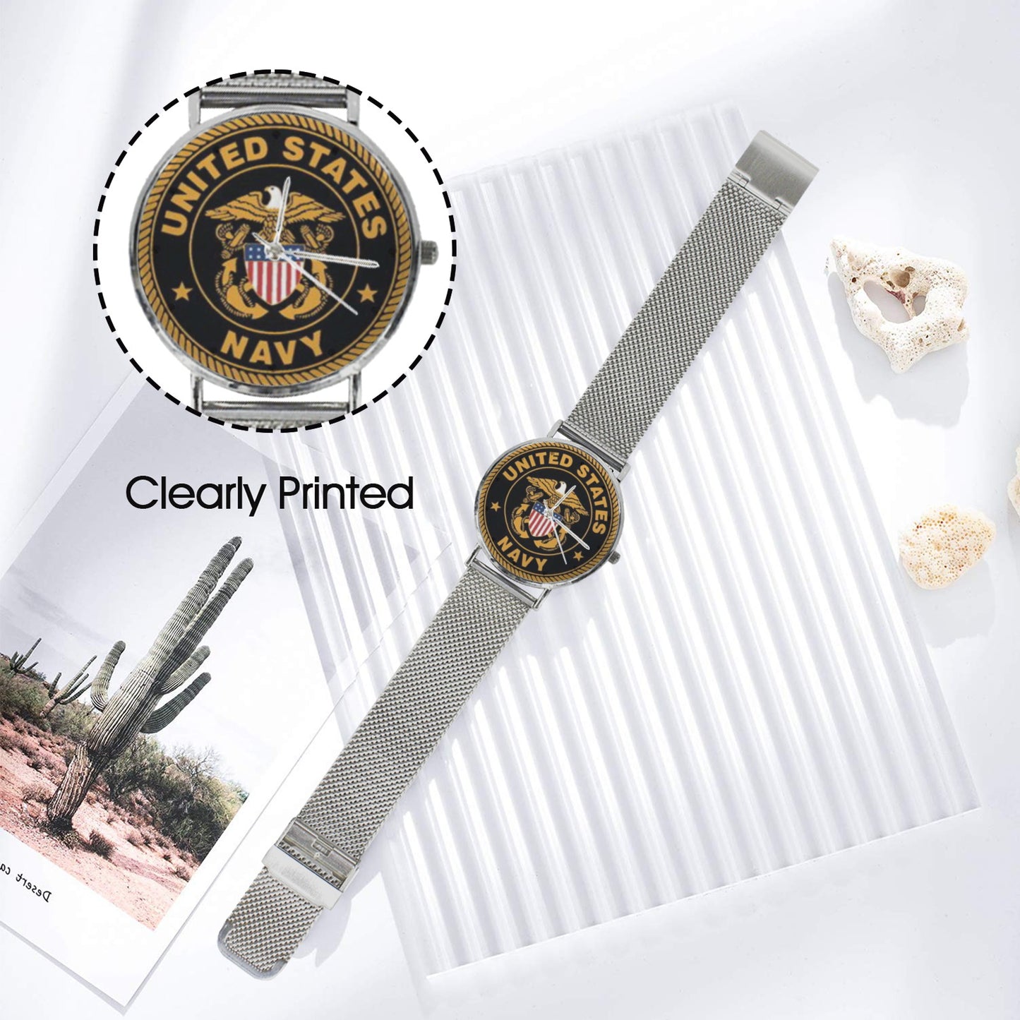 Men's Women's U.S. Navy Emblem Waterproof Monogram Silver Stainless Steel Dress Military Watch Come With Name Or Name And Rank On Dial...