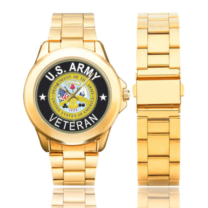 Men's Women's All Stainless Steel U.S. Army Veteran Insignia Dial Gold Monogram Quartz Gift Watch Come With Name Or Name And Rank On Dial...