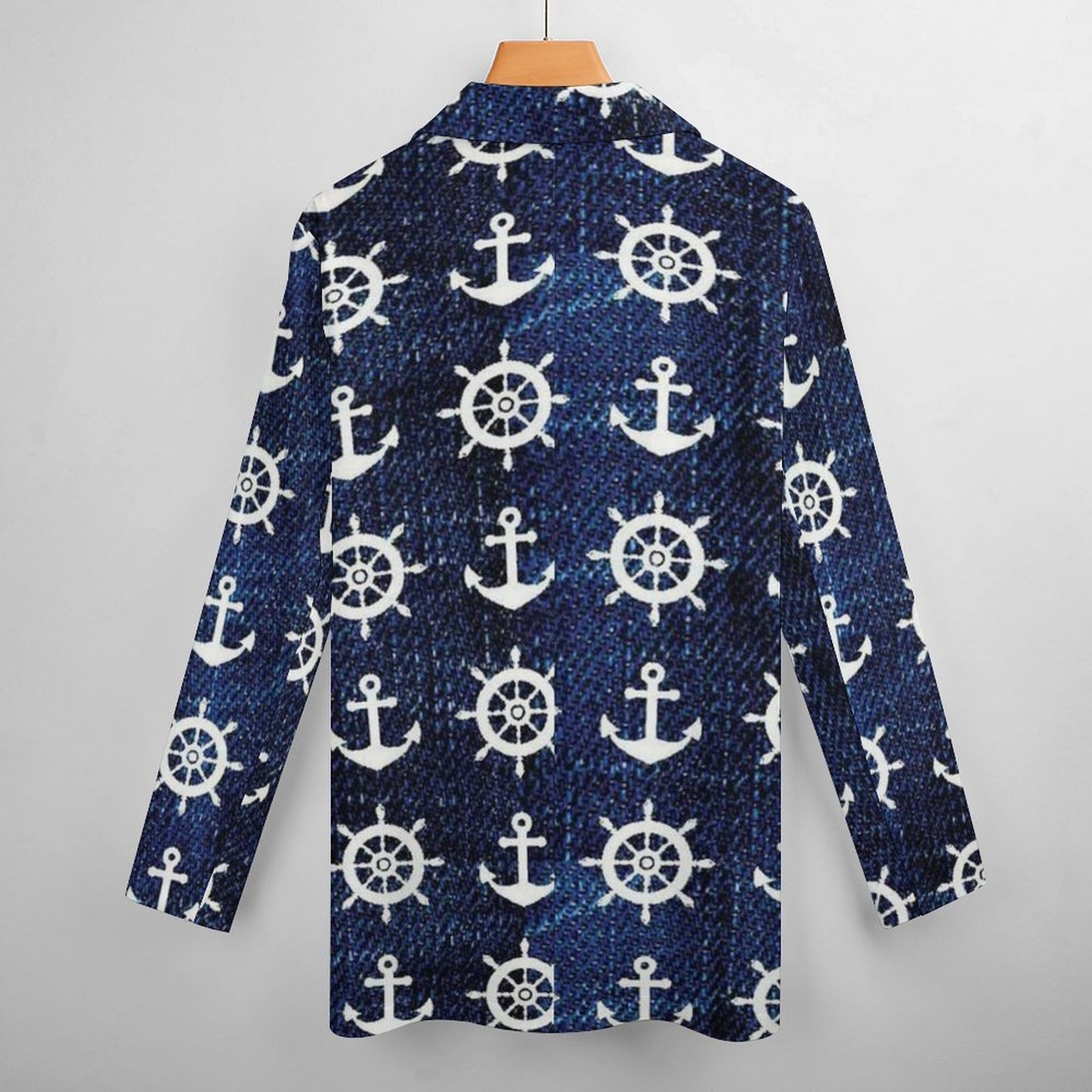 Women's Blue W White Nautical Print Casual Formal Lightweight Blazer Jacket All Over Print Women's Blazer