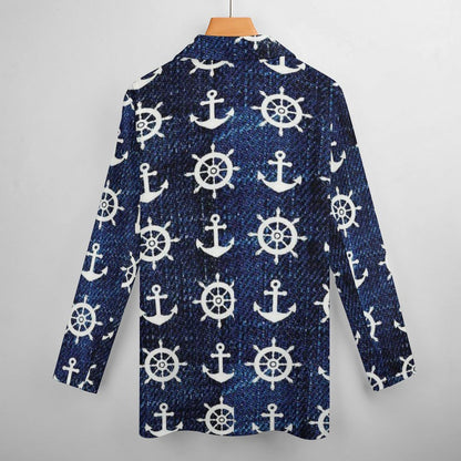 Women's Blue W White Nautical Print Casual Formal Lightweight Blazer Jacket All Over Print Women's Blazer