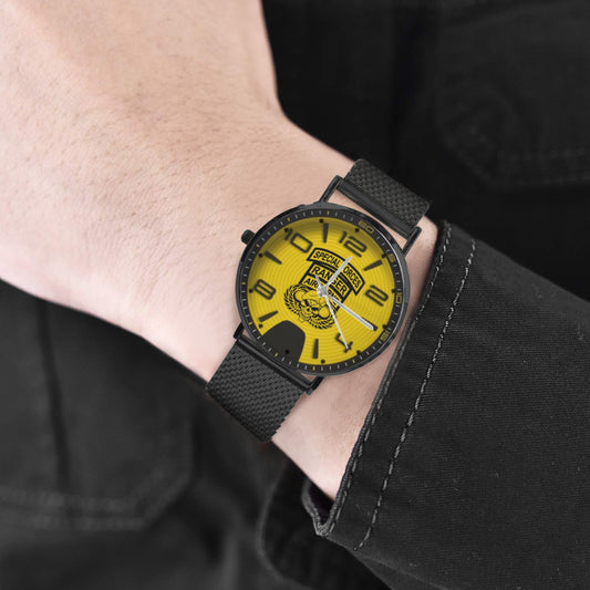 Yellow Black Rangers Insignia Miyota Quartz Movement Black All Stainless Steel Monogram Dress Watch Men's Steel Bracelet Watch Without Numbers Come With Name Or Name And Rank On Dial...