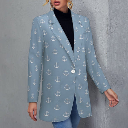 Women's Light Blue W White Nautical Insignias Casual Formal Lightweight Blazer All Over Print Women's Blazer