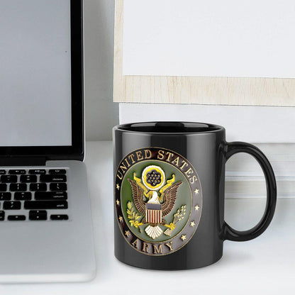 United States Army 3D Seal On Black Ceramic Coffee Mug Which Comes With Your Initials or Rank And Name At No Additional Charge...