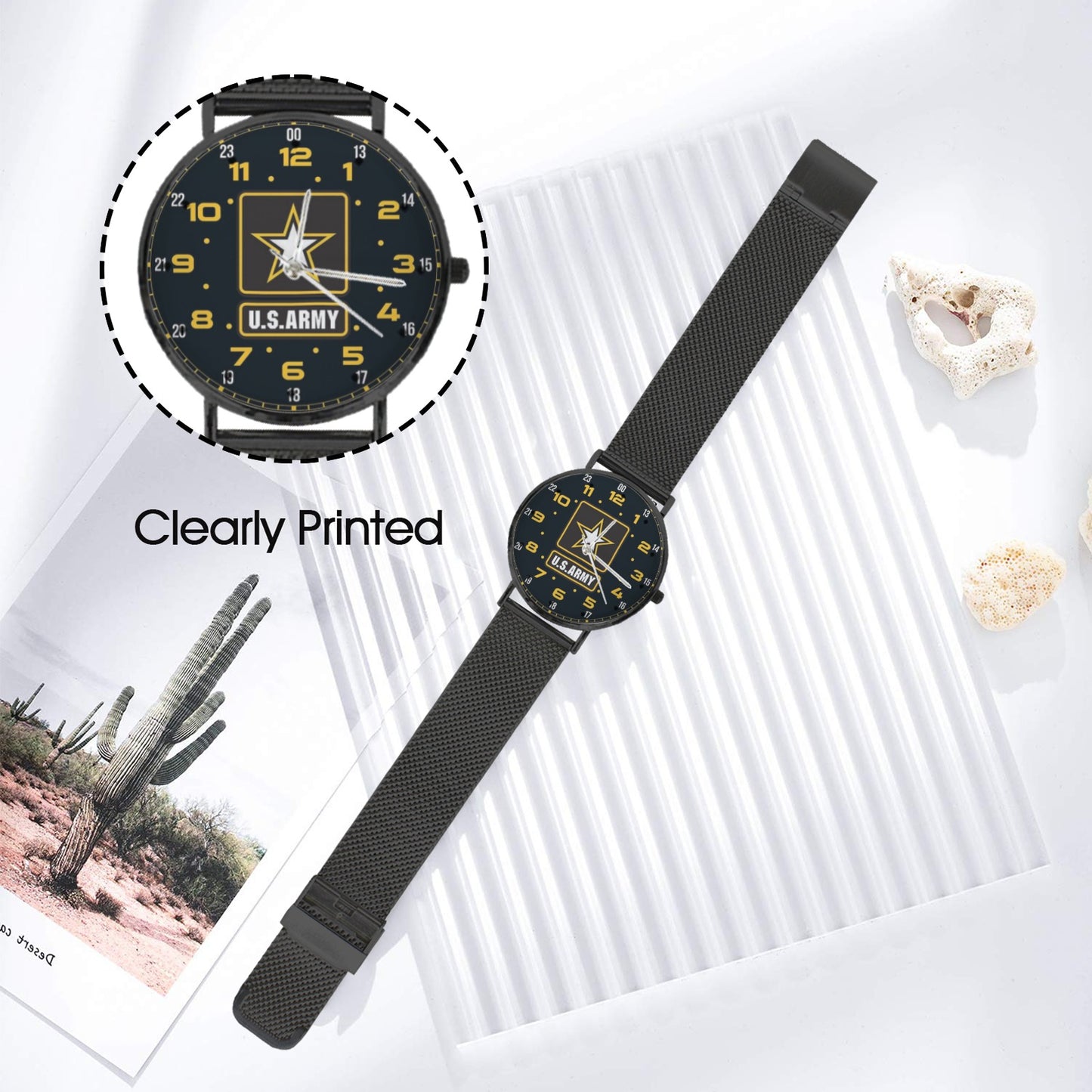 Yellow Black Brown US Army Insignia Dial Black All Stainless Steel Monogram Dress Watch Men's Steel Bracelet Watch Without Numbers Come With Name Or Name And Rank On Dial...
