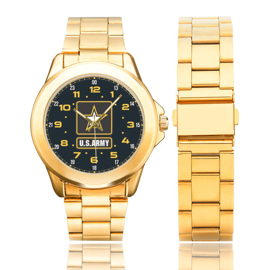 Men's Women's All Stainless Steel Black Gold Brown U.S. Army Insignia Dial Gold Monogram Quartz Gift Watch Come With Name Or Name And Rank On Dial...