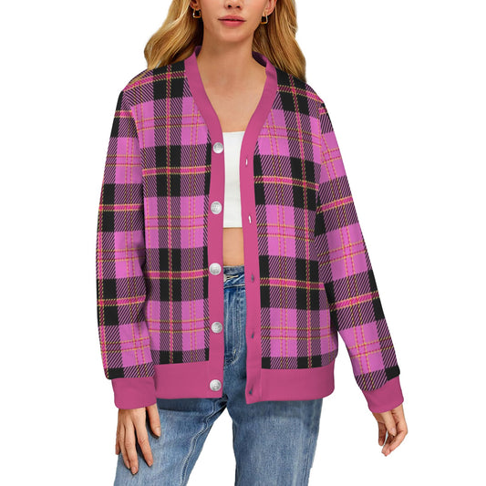 Women's Cardigan Burb Design Fuchsia Black Plaid Fall Season Women's Ribbed Cardigan (Model H73)