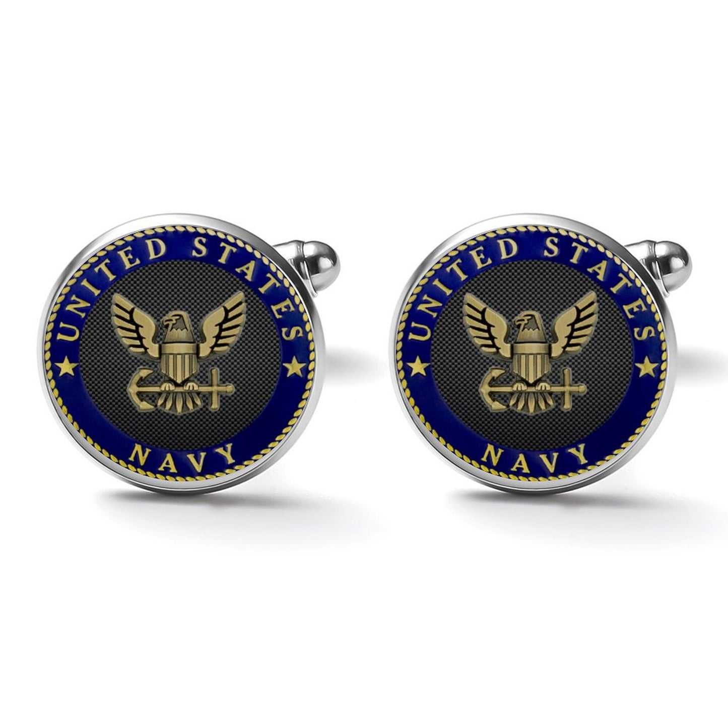 Men's Custom Made Alloy Silver W Black Carbon Fiber Background U.S. Navy Anchor  Insignia In Black & Silver Come With Your Initials On Them....