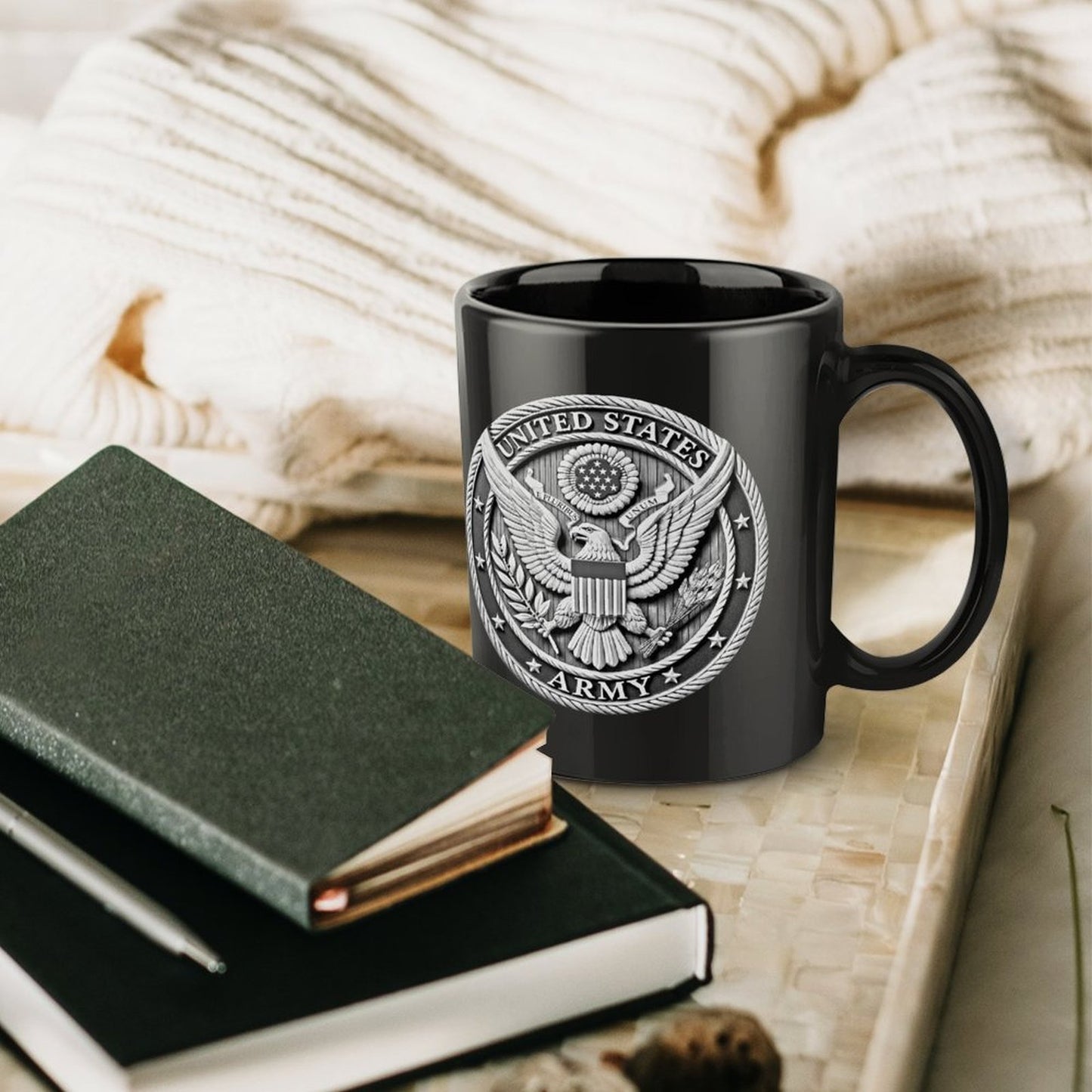 United States Army Silver Emblem On Black Ceramic Coffee Mug (Comes With Your Initials Or Rank And Name Free Of Charge On Mug!)