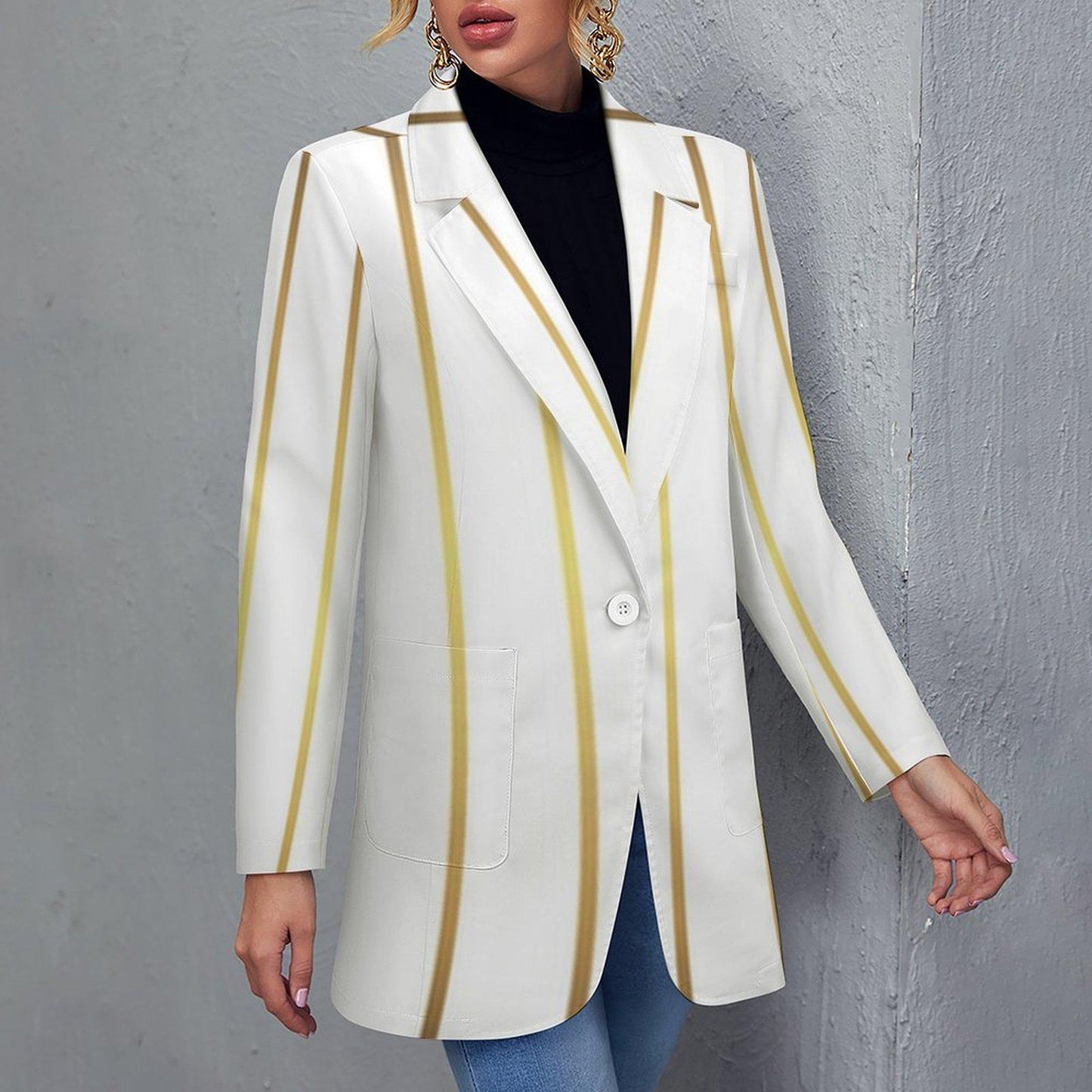 Women's White & Gold Pinstripe Summer Formal Event Fun Blazer Jacket...