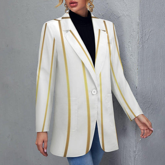 Women's White & Gold Pinstripe Summer Formal Event Fun Blazer Jacket...