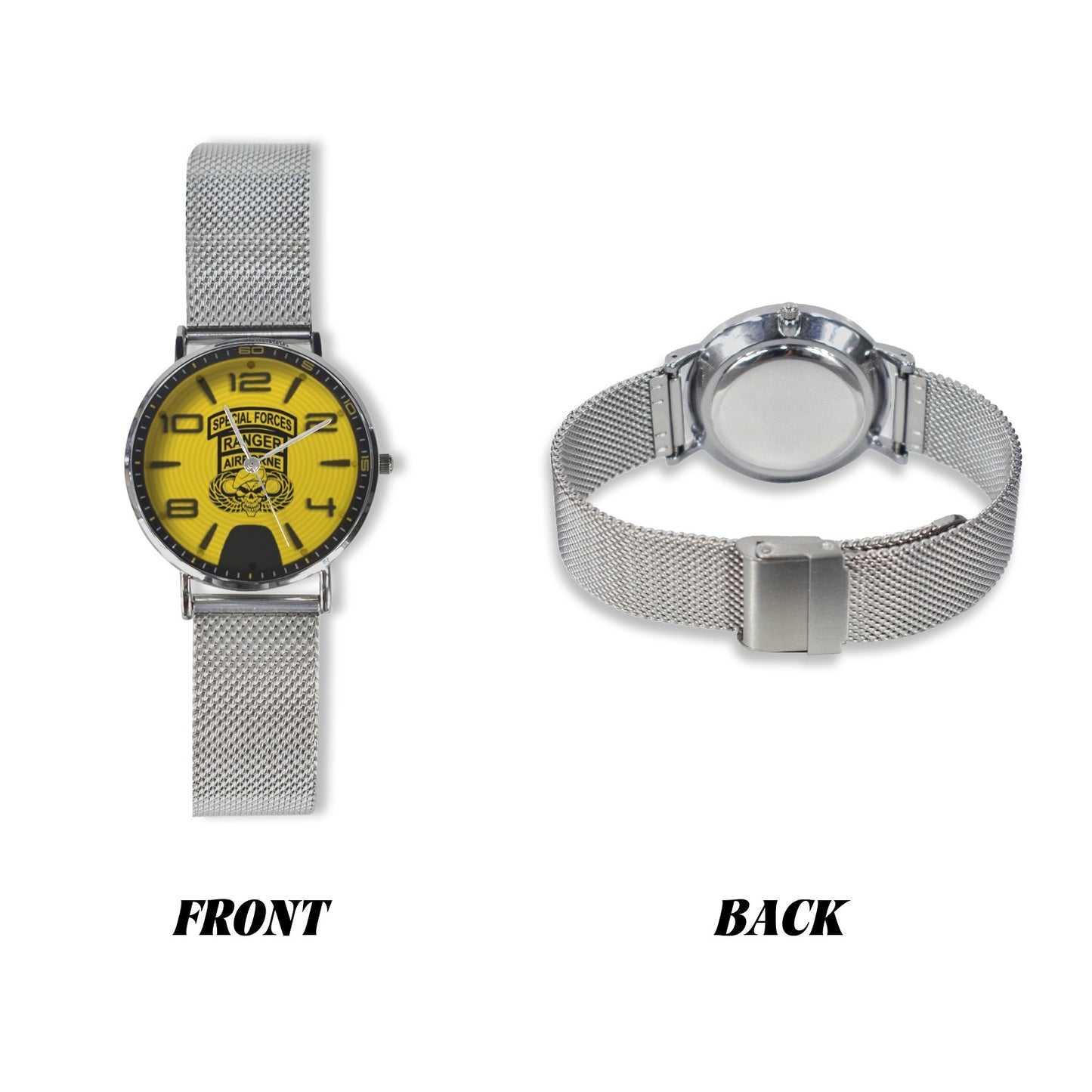 Yellow Black US Army Rangers Silver All Stainless Steel Miyota Quartz Movement Monogram Dress Watch Men's Steel Bracelet Watch Without Numbers Come With Name Or Name And Rank On Dial...