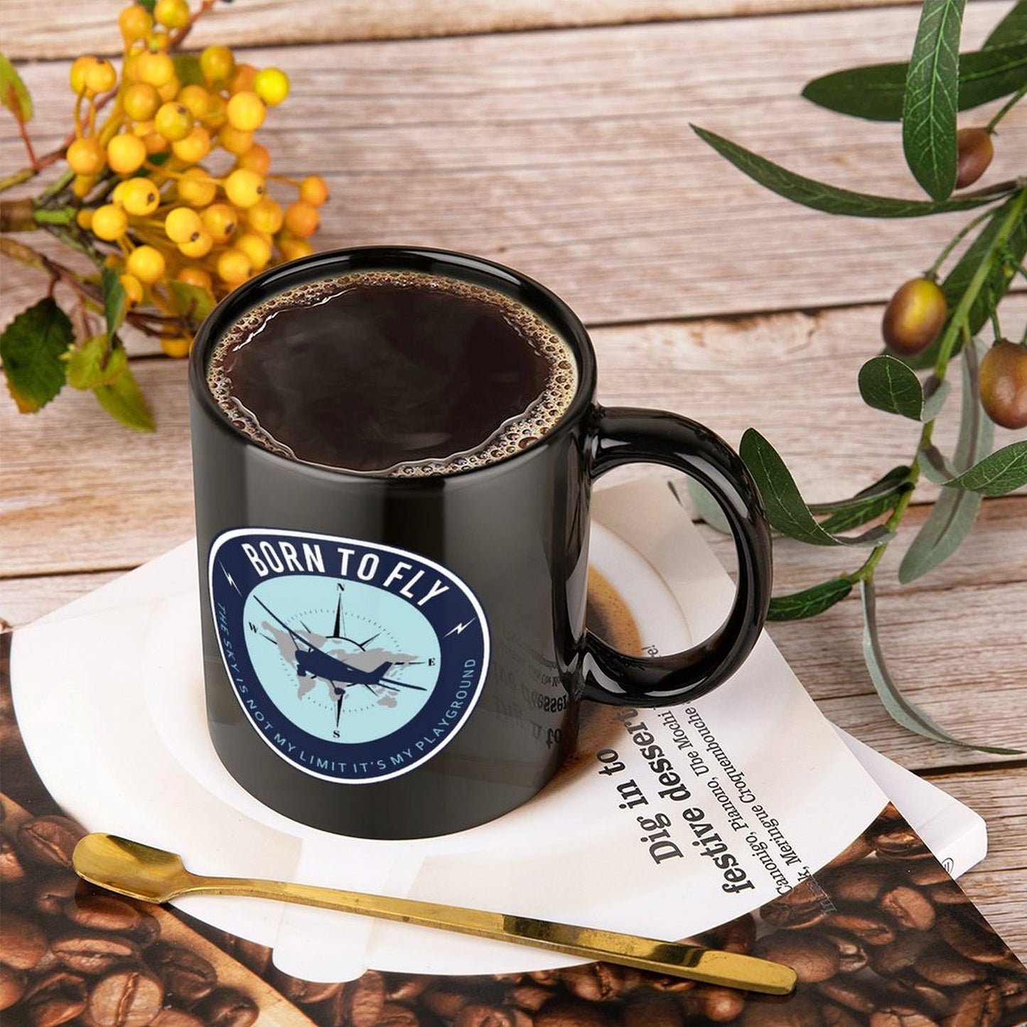 U.S. Naval Aviation BORN TO FLY Emblem On Black Ceramic Coffee Mug (Comes With Your Initials Or Rank And Name Free Of Charge On Mug!)