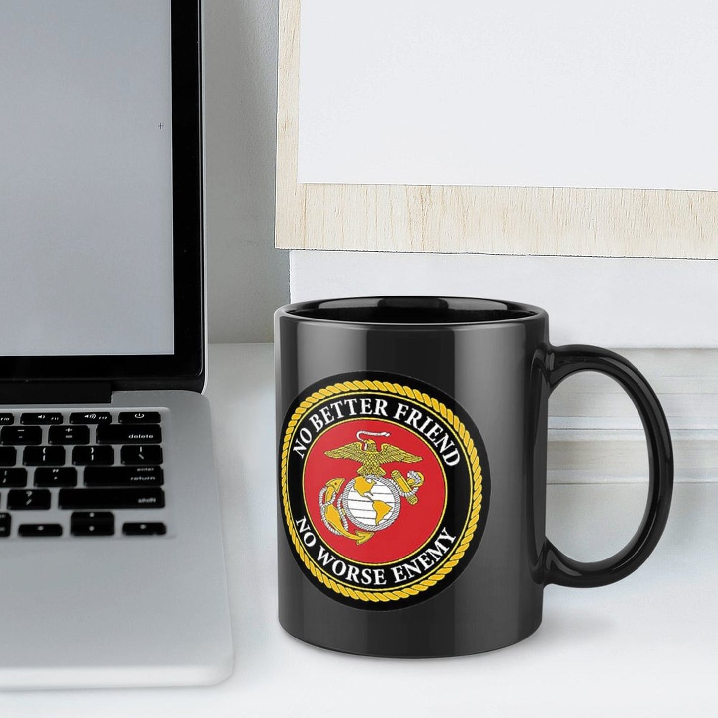 United States Marine Corps Emblem On Black Ceramic Coffee Mug (Comes With Your Initials Or Rank And Name Free Of Charge On Mug!)