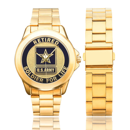 Men's Women's All Stainless Steel U.S. Army Black Gold Retired Soldier For Life Dial Gold Monogram Quartz Gift Watch Come With Name Or Name And Rank On Dial...