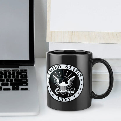United States Navy White Emblem On Black Ceramic Coffee Mug (Comes With Your Initials Or Rank And Name Free Of Charge On Mug!)