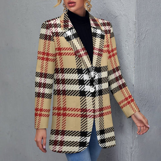 Women's Madison Ave Brown Black White & Red Plaid Fall Pattern Design Monogram Formal Casual Blazer Initials Can Be Put On Lapel For Free...