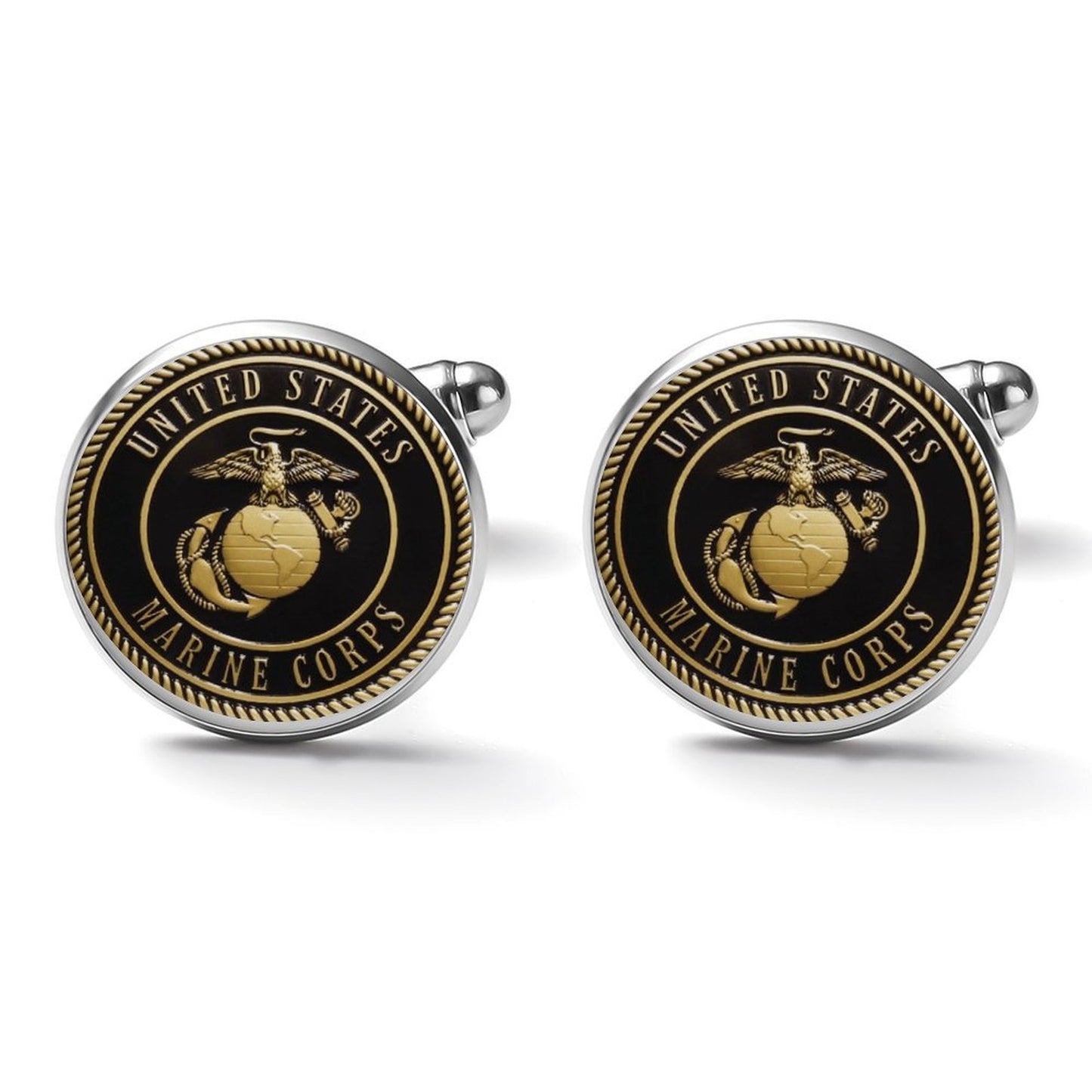 Men's Custom Made Alloy Silver W Black Carbon Fiber Background U.S. Marine Corps Black Emblem Insignia In Black & Silver Come With Your Initials On Them....