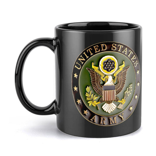 United States Army 3D Seal On Black Ceramic Coffee Mug Which Comes With Your Initials or Rank And Name At No Additional Charge...