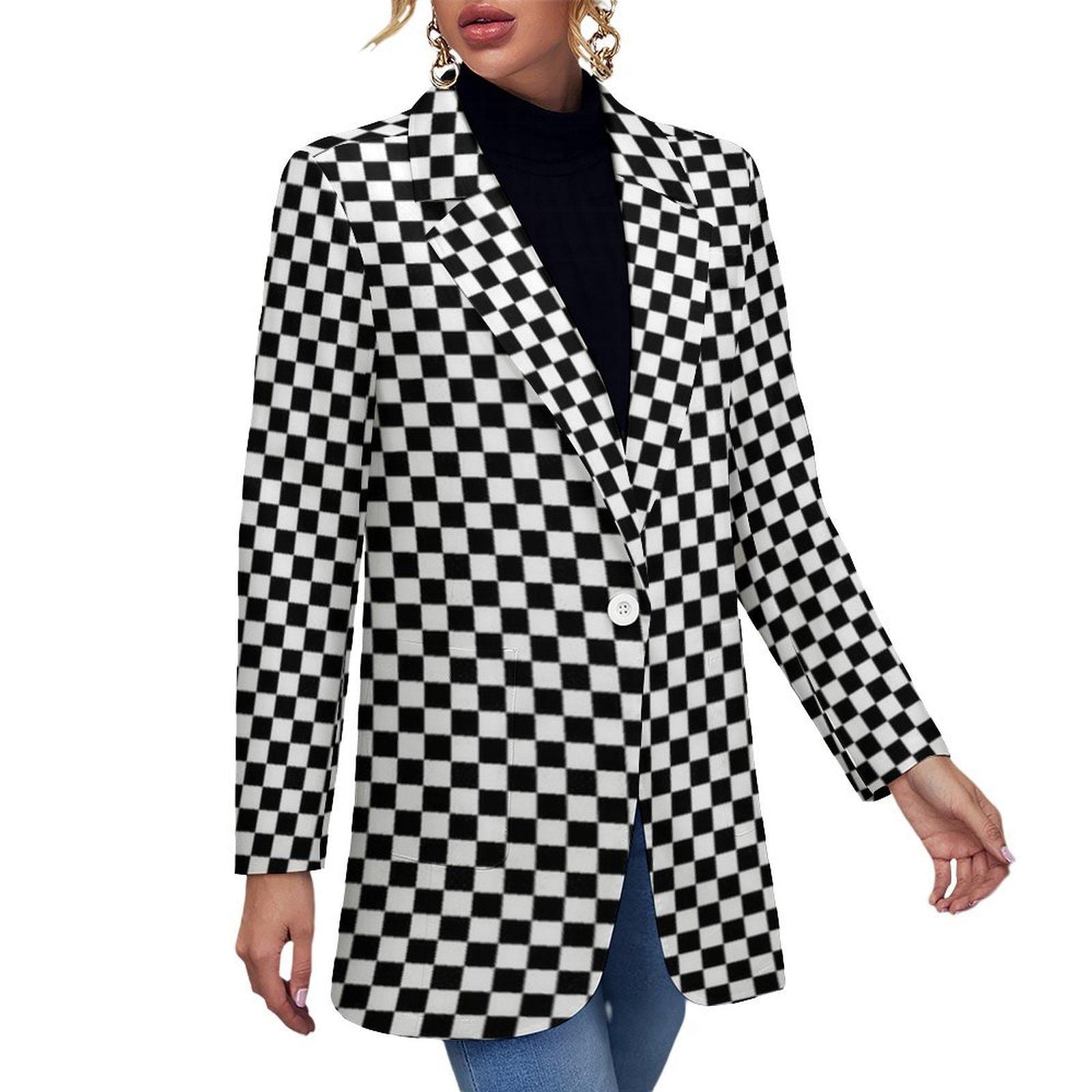 Women's Black & White Checkered Summer Fall Seasonal Casual Formal Event Work Evening Blazer Jacket...