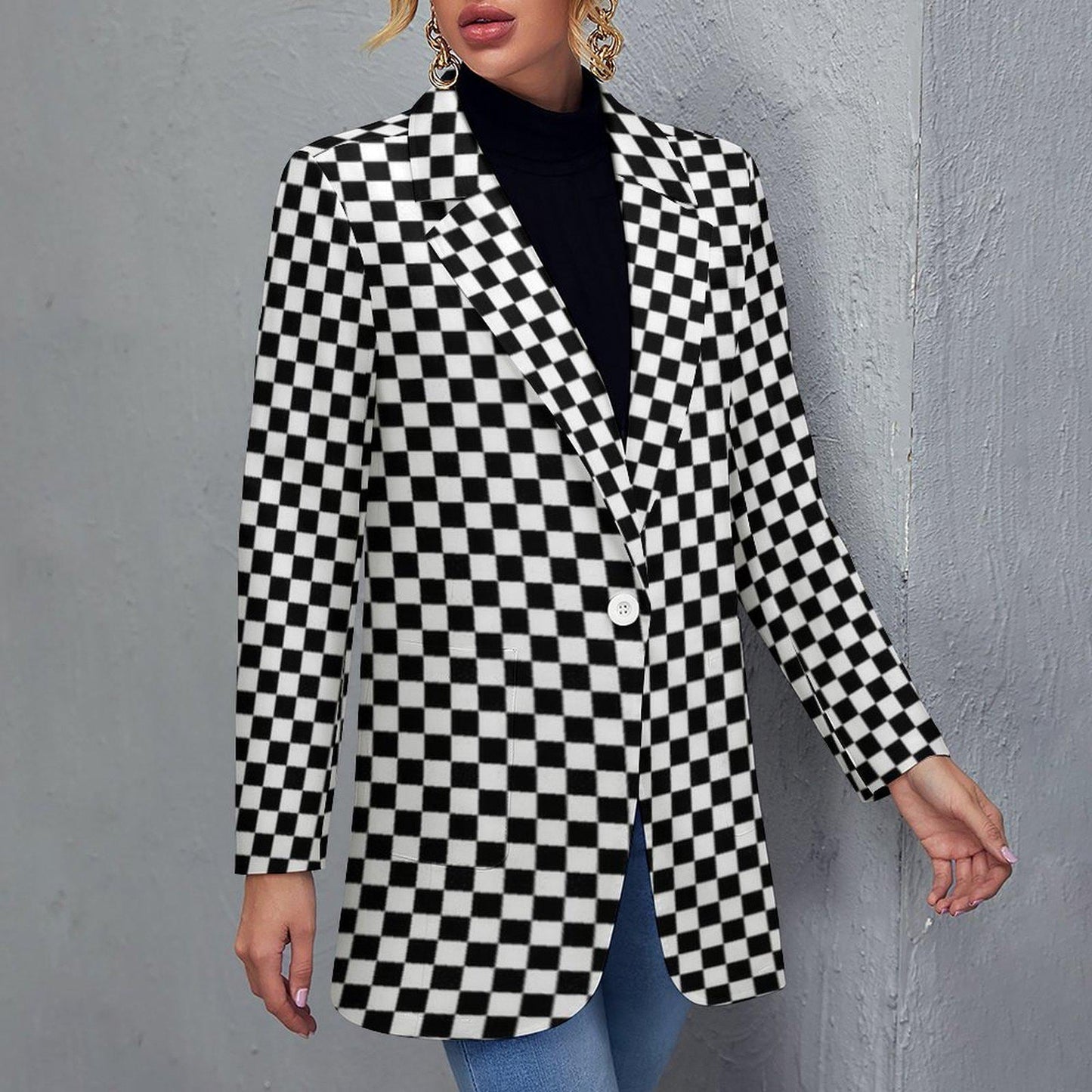 Women&#39;s Black & White Checkered Summer Fall Seasonal Casual Formal Event Work Evening Blazer Jacket...