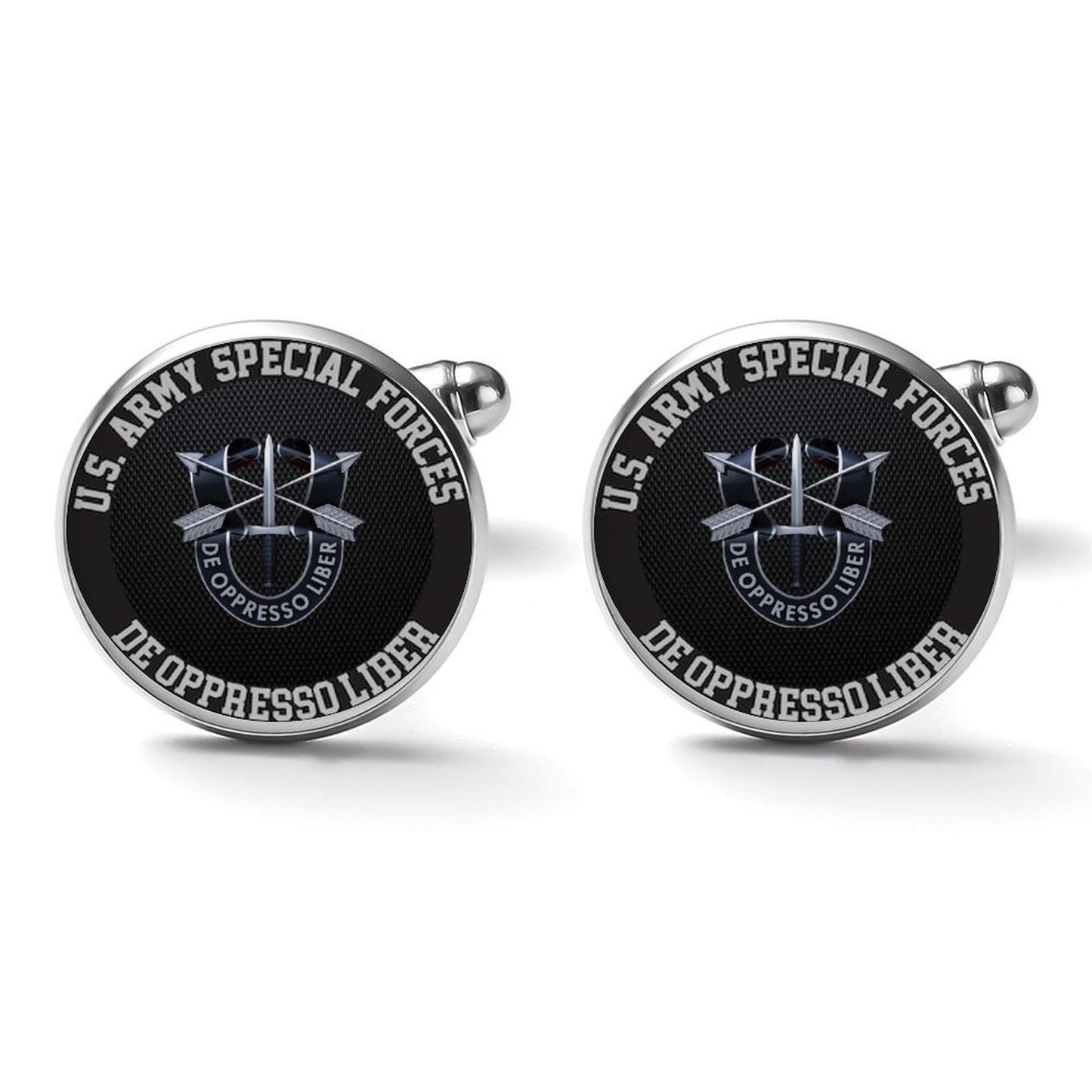 Men&#39;s Custom Made Alloy Silver W Black Carbon Fiber Background Special Forces Insignia In Black & Silver Come With Your Initials On Them....