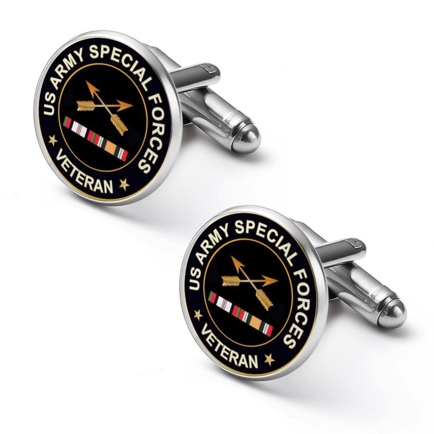 Men's Custom Made Alloy Silver Cufflinks W Black Carbon Fiber Background U.S. Army Special Forces Insignia Come With Your Initials On Them