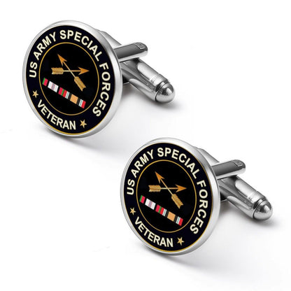 Men's Custom Made Alloy Silver Cufflinks W Black Carbon Fiber Background U.S. Army Special Forces Insignia Come With Your Initials On Them