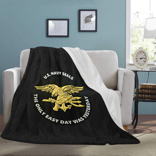 Large Black Microfiber Micro Fleece Flannel 70X80 Inch Soft Warm Monogram U.S. Navy Seals Gold Insignia Black Blanket...