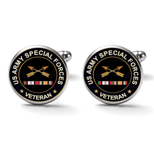 Men&#39;s Custom Made Alloy Silver Cufflinks W Black Carbon Fiber Background U.S. Army Special Forces Insignia Come With Your Initials On Them