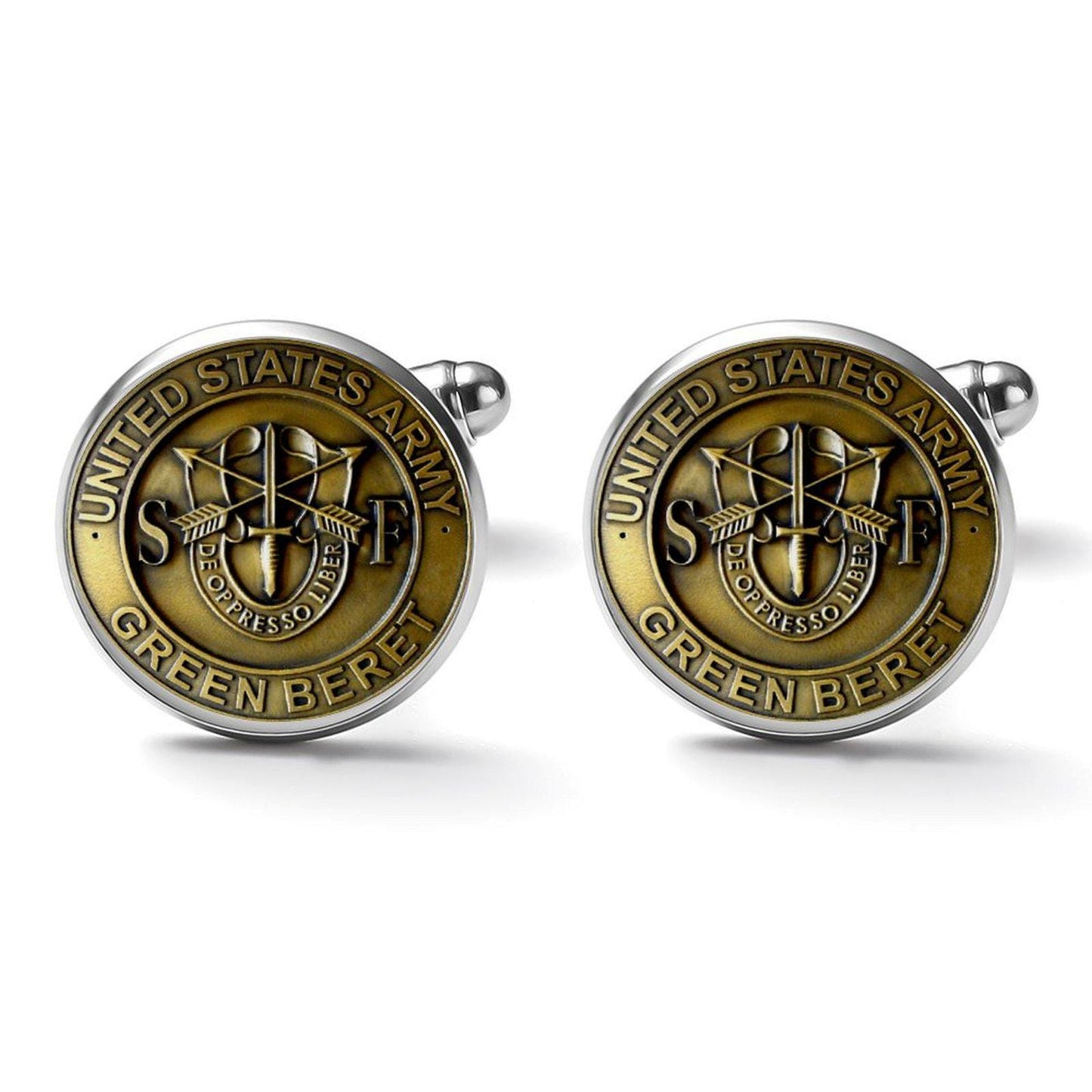 Men&#39;s Custom Made Alloy Silver Cufflinks W Bronze Fiber Background U.S. Green Beret Insignia In Bronze Come With Your Initials On Them