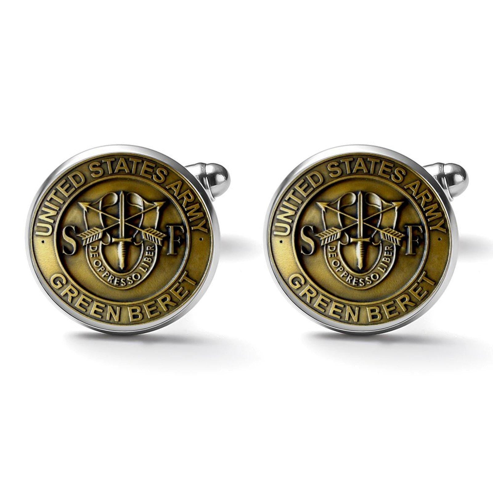 Men&#39;s Custom Made Alloy Silver Cufflinks W Bronze Fiber Background U.S. Green Beret Insignia In Bronze Come With Your Initials On Them
