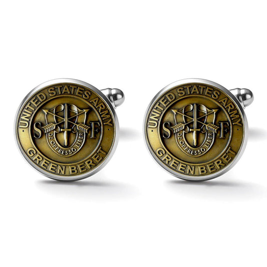 Men&#39;s Custom Made Alloy Silver Cufflinks W Bronze Fiber Background U.S. Green Beret Insignia In Bronze Come With Your Initials On Them