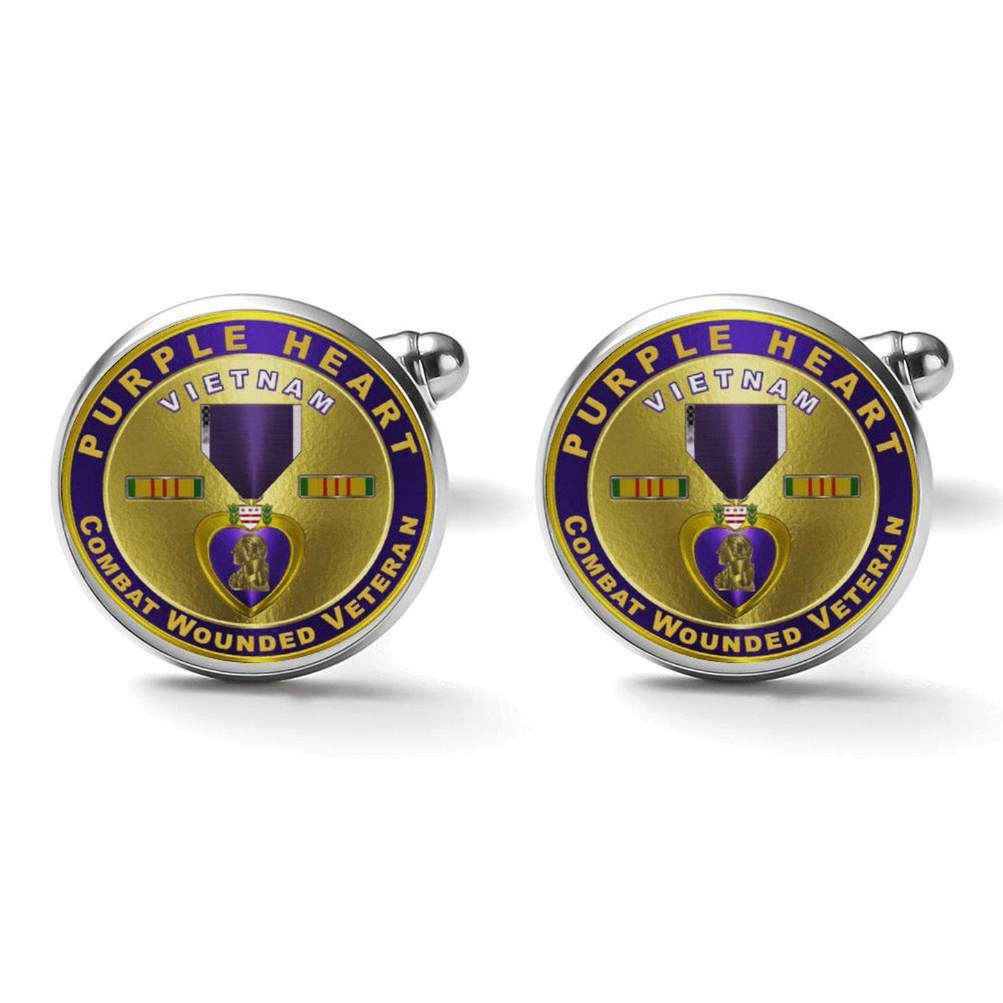 Men&#39;s Custom Made Alloy Silver Cufflinks W Purple Fiber Background Vietnam Purple Heart Insignia In Gold Come With Your Initials On Them