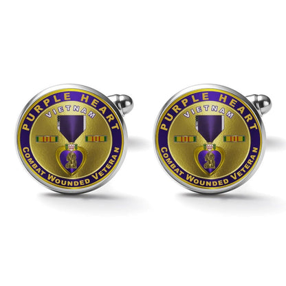 Men&#39;s Custom Made Alloy Silver Cufflinks W Purple Fiber Background Vietnam Purple Heart Insignia In Gold Come With Your Initials On Them