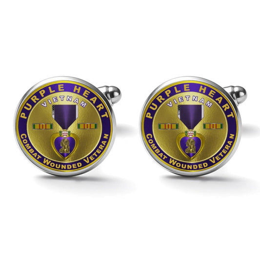 Men&#39;s Custom Made Alloy Silver Cufflinks W Purple Fiber Background Vietnam Purple Heart Insignia In Gold Come With Your Initials On Them