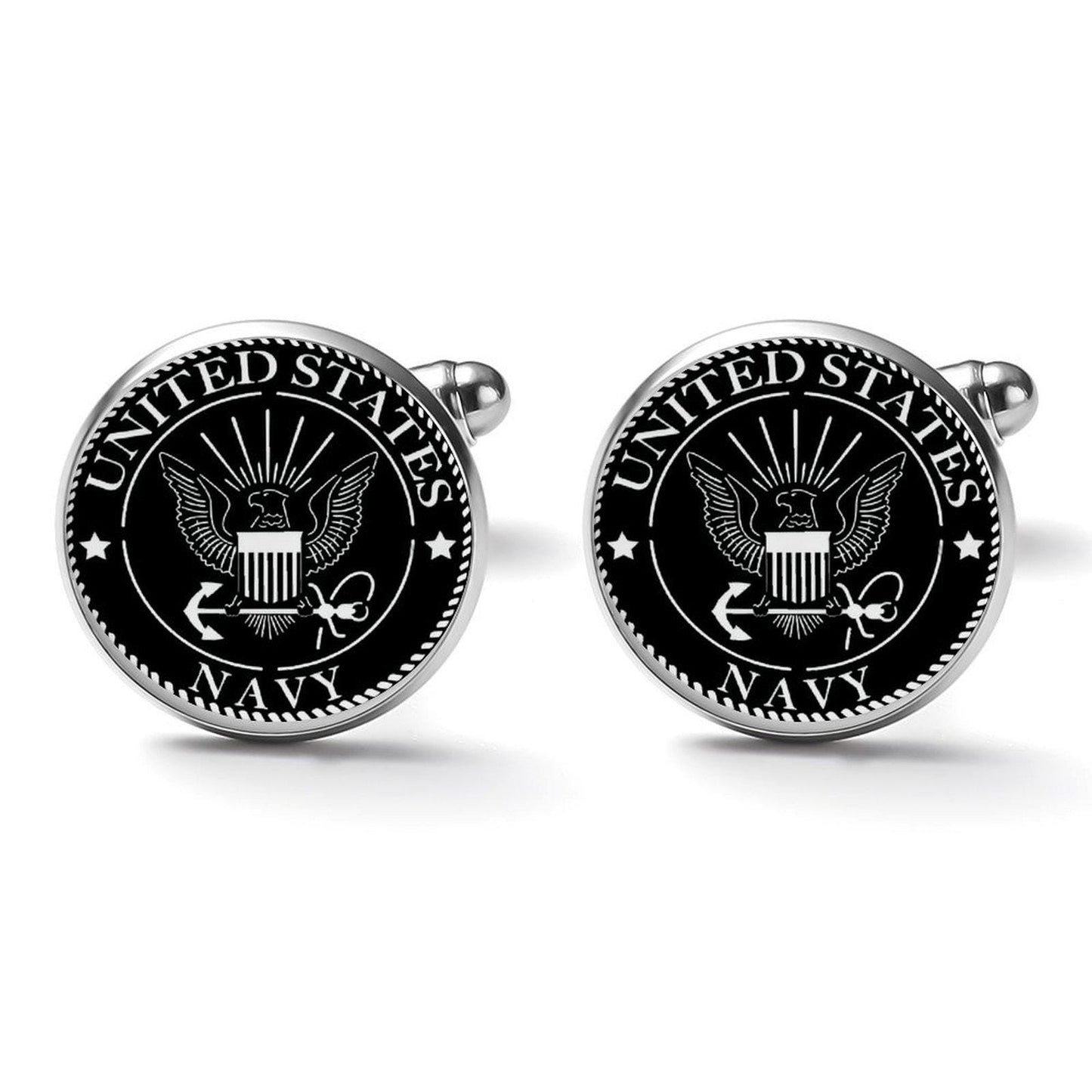 Men&#39;s Custom Made Alloy Silver Cufflinks W Black Carbon Fiber Background U.S. Navy Insignia In White Come With Your Initials On Them