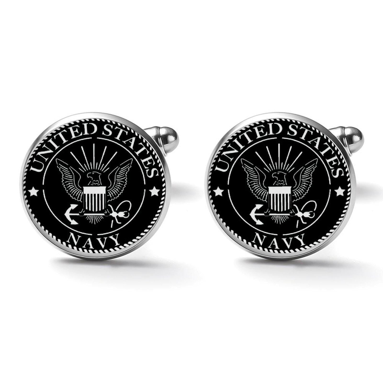 Men&#39;s Custom Made Alloy Silver Cufflinks W Black Carbon Fiber Background U.S. Navy Insignia In White Come With Your Initials On Them