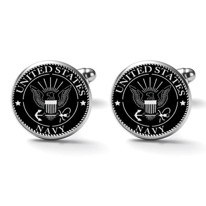 Men&#39;s Custom Made Alloy Silver Cufflinks W Black Carbon Fiber Background U.S. Navy Insignia In White Come With Your Initials On Them