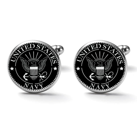 Men&#39;s Custom Made Alloy Silver Cufflinks W Black Carbon Fiber Background U.S. Navy Insignia In White Come With Your Initials On Them