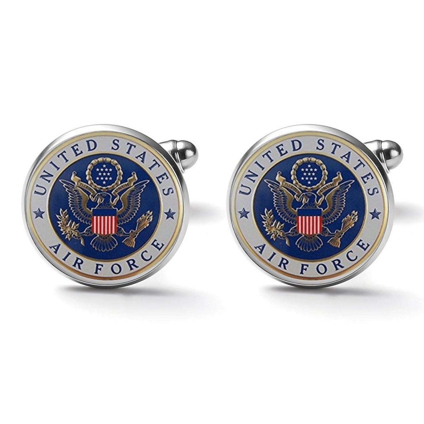 Men&#39;s Custom Made Alloy Silver Cufflinks W Blue Fiber Background U.S. Air Force Insignia In Blue & Gold Come With Your Initials On Them
