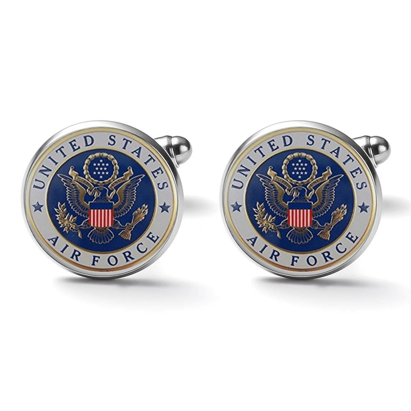 Men&#39;s Custom Made Alloy Silver Cufflinks W Blue Fiber Background U.S. Air Force Insignia In Blue & Gold Come With Your Initials On Them