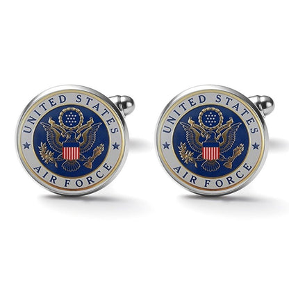 Men&#39;s Custom Made Alloy Silver Cufflinks W Blue Fiber Background U.S. Air Force Insignia In Blue & Gold Come With Your Initials On Them