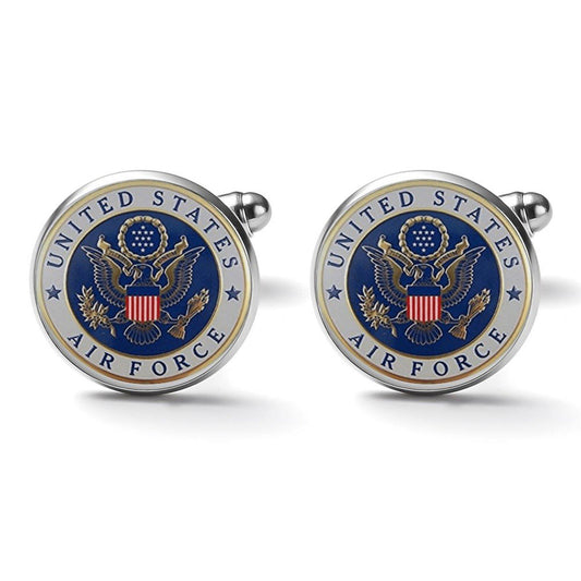 Men&#39;s Custom Made Alloy Silver Cufflinks W Blue Fiber Background U.S. Air Force Insignia In Blue & Gold Come With Your Initials On Them